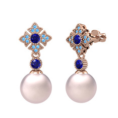 Teimei İnci Küpe - Pembe inci, lab safir ve akuamarin 14 ayar rose altın küpe #19xvbcl