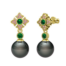 Teimei İnci Küpe - Siyah inci, yeşil kuvars ve pembe kuvars 14 ayar altın küpe #1a12xjt