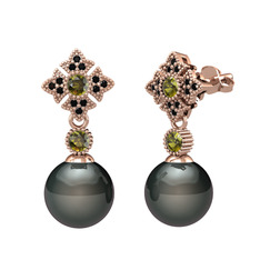 Teimei İnci Küpe - Siyah inci, peridot ve siyah zirkon 14 ayar rose altın küpe #1a83iox