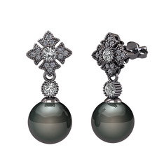 Teimei İnci Küpe - Siyah inci, swarovski ve pırlanta 925 ayar siyah rodyum kaplama gümüş küpe (0.2112 karat) #1b73n63