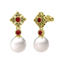 Inci, garnet ve peridot 8 ayar altın küpe