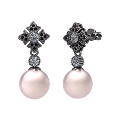 Teimei İnci Küpe - Pembe inci, pırlanta ve siyah zirkon 925 ayar siyah rodyum kaplama gümüş küpe (0.44 karat) #1bemyxg