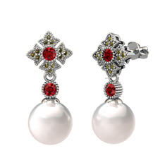 Teimei İnci Küpe - Inci, garnet ve peridot 14 ayar beyaz altın küpe #1c0b4kn