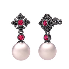 Teimei İnci Küpe - Pembe inci, rodolit garnet ve siyah zirkon 925 ayar siyah rodyum kaplama gümüş küpe #1ceaklt