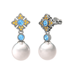 Inci, akuamarin ve sitrin 18 ayar beyaz altın küpe