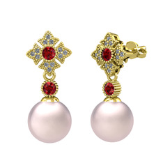 Pembe inci, garnet ve pırlanta 8 ayar altın küpe (0.2112 karat)