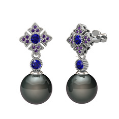 Teimei İnci Küpe - Siyah inci, lab safir ve ametist 925 ayar gümüş küpe #1cyl6z3