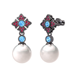 Teimei İnci Küpe - Inci, akuamarin ve rodolit garnet 925 ayar siyah rodyum kaplama gümüş küpe #1cysd8j