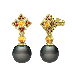 Teimei İnci Küpe - Siyah inci, sitrin ve garnet 8 ayar altın küpe #1d8hnrl