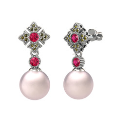 Teimei İnci Küpe - Pembe inci, rodolit garnet ve peridot 18 ayar beyaz altın küpe #1dbymqi