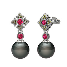 Teimei İnci Küpe - Siyah inci, rodolit garnet ve peridot 8 ayar beyaz altın küpe #1dheuqu