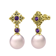 Teimei İnci Küpe - Pembe inci, ametist ve peridot 18 ayar altın küpe #1dmijum