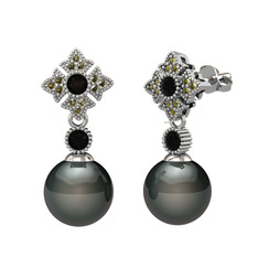 Teimei İnci Küpe - Siyah inci, siyah zirkon ve peridot 8 ayar beyaz altın küpe #1dwt8or