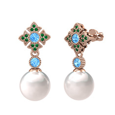 Teimei İnci Küpe - Inci, akuamarin ve yeşil kuvars 8 ayar rose altın küpe #1e6q19q