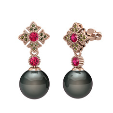 Teimei İnci Küpe - Siyah inci, rodolit garnet ve peridot 14 ayar rose altın küpe #1ea8klb
