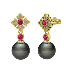 Teimei İnci Küpe - Siyah inci, rodolit garnet ve beyaz zirkon 14 ayar altın küpe #1ehzn8e