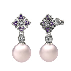 Teimei İnci Küpe - Pembe inci, swarovski ve ametist 8 ayar beyaz altın küpe #1emk10c