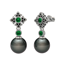 Teimei İnci Küpe - Siyah inci, yeşil kuvars ve siyah zirkon 14 ayar beyaz altın küpe #1enkiv4