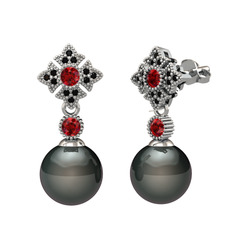 Teimei İnci Küpe - Siyah inci, garnet ve siyah zirkon 14 ayar beyaz altın küpe #1etexlp