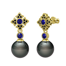 Teimei İnci Küpe - Siyah inci, lab safir ve siyah zirkon 8 ayar altın küpe #1f5i6ua