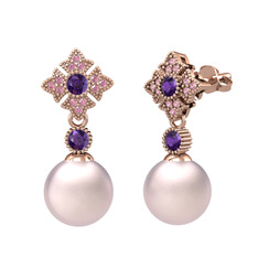 Teimei İnci Küpe - Pembe inci, ametist ve pembe kuvars 14 ayar rose altın küpe #1ffu16d