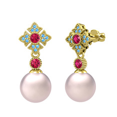 Teimei İnci Küpe - Pembe inci, rodolit garnet ve akuamarin 8 ayar altın küpe #1fhgj81