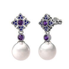 Teimei İnci Küpe - Inci, ametist ve lab safir 8 ayar beyaz altın küpe #1fjuvui