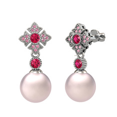 Teimei İnci Küpe - Pembe inci, rodolit garnet ve pembe kuvars 14 ayar beyaz altın küpe #1fqi2oh