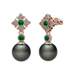 Teimei İnci Küpe - Siyah inci, yeşil kuvars ve pırlanta 8 ayar rose altın küpe (0.2112 karat) #1g2hqbr