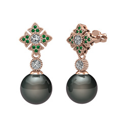 Siyah inci, swarovski ve yeşil kuvars 925 ayar rose altın kaplama gümüş küpe