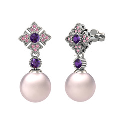 Teimei İnci Küpe - Pembe inci, ametist ve pembe kuvars 8 ayar beyaz altın küpe #1gq8i98