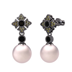 Teimei İnci Küpe - Pembe inci, siyah zirkon ve peridot 925 ayar siyah rodyum kaplama gümüş küpe #1gwbcfp