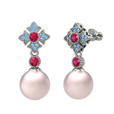 Teimei İnci Küpe - Pembe inci, rodolit garnet ve akuamarin 14 ayar beyaz altın küpe #1gyqz48