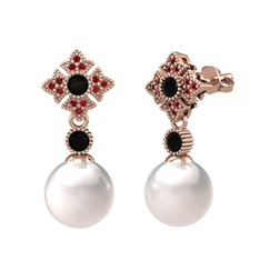 Inci, siyah zirkon ve garnet 18 ayar rose altın küpe