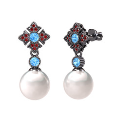 Teimei İnci Küpe - Inci, akuamarin ve garnet 925 ayar siyah rodyum kaplama gümüş küpe #1hzziut