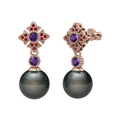 Teimei İnci Küpe - Siyah inci, ametist ve garnet 14 ayar rose altın küpe #1ibj0op