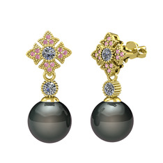 Teimei İnci Küpe - Siyah inci, pırlanta ve pembe kuvars 14 ayar altın küpe (0.44 karat) #1iiwvpo