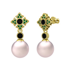 Teimei İnci Küpe - Pembe inci, siyah zirkon ve yeşil kuvars 8 ayar altın küpe #1im1mlh