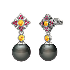 Teimei İnci Küpe - Siyah inci, sitrin ve rodolit garnet 14 ayar beyaz altın küpe #1inl8zi