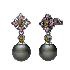 Teimei İnci Küpe - Siyah inci, peridot ve pembe kuvars 925 ayar siyah rodyum kaplama gümüş küpe #1it1anr