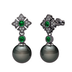 Teimei İnci Küpe - Siyah inci, yeşil kuvars ve swarovski 925 ayar siyah rodyum kaplama gümüş küpe #1it2gra