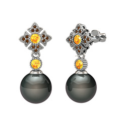 Siyah inci, sitrin ve dumanlı kuvars 925 ayar gümüş küpe