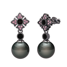 Siyah inci, siyah zirkon ve pembe kuvars 925 ayar siyah rodyum kaplama gümüş küpe