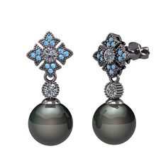 Teimei İnci Küpe - Siyah inci, pırlanta ve akuamarin 925 ayar siyah rodyum kaplama gümüş küpe (0.44 karat) #1jcgkp8