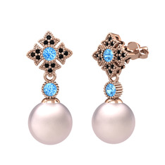 Teimei İnci Küpe - Pembe inci, akuamarin ve siyah zirkon 8 ayar rose altın küpe #1jfywd6