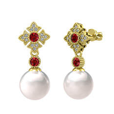 Inci, garnet ve swarovski 14 ayar altın küpe