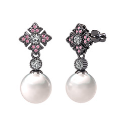 Teimei İnci Küpe - Inci, swarovski ve pembe kuvars 925 ayar siyah rodyum kaplama gümüş küpe #1jibyo0