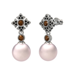 Pembe inci, dumanlı kuvars ve siyah zirkon 925 ayar gümüş küpe