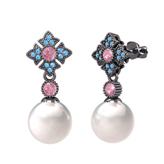 Teimei İnci Küpe - Inci, pembe kuvars ve akuamarin 925 ayar siyah rodyum kaplama gümüş küpe #1klia9c