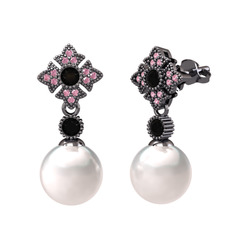 Teimei İnci Küpe - Inci, siyah zirkon ve pembe kuvars 925 ayar siyah rodyum kaplama gümüş küpe #1l2ocni